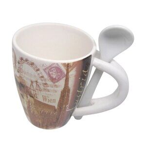 Austria Souvenir Mug With Built-In Spoon Holder Ceramic Vienna & Salzburg City D
